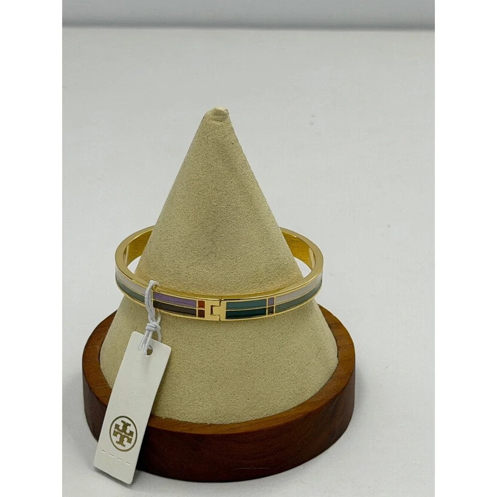 Tory Burch Kira Multi Color Enamel Gold Tone Bangle Bracelet 6.25 Inch Logo NWT